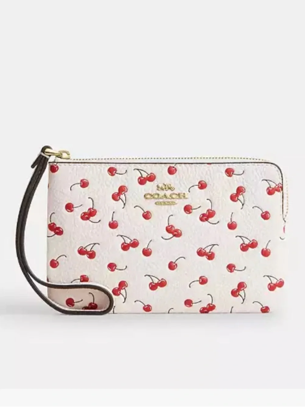 Coach NWT Cherry Wristlet Pebble Leather Zipper Closure Chalk White